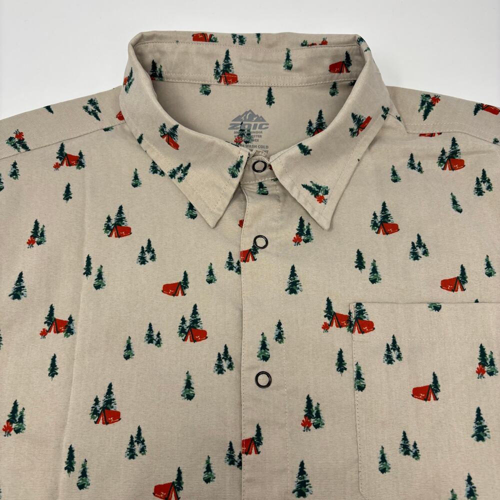 ZOIC Mens Medium Beige Camping Pattern Snap Button Short Sleeve Shirt
